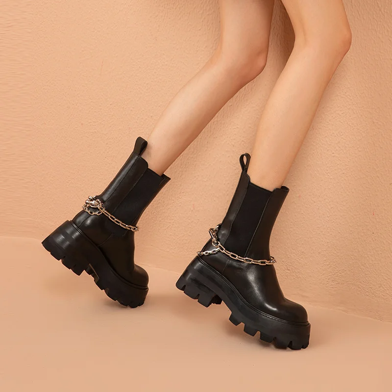 BeauToday Ankle Boots Chelsea Women Calfskin Leather Platform Sole Metal Chain Elastic Band Female Chunky Shoes Handmade 03569