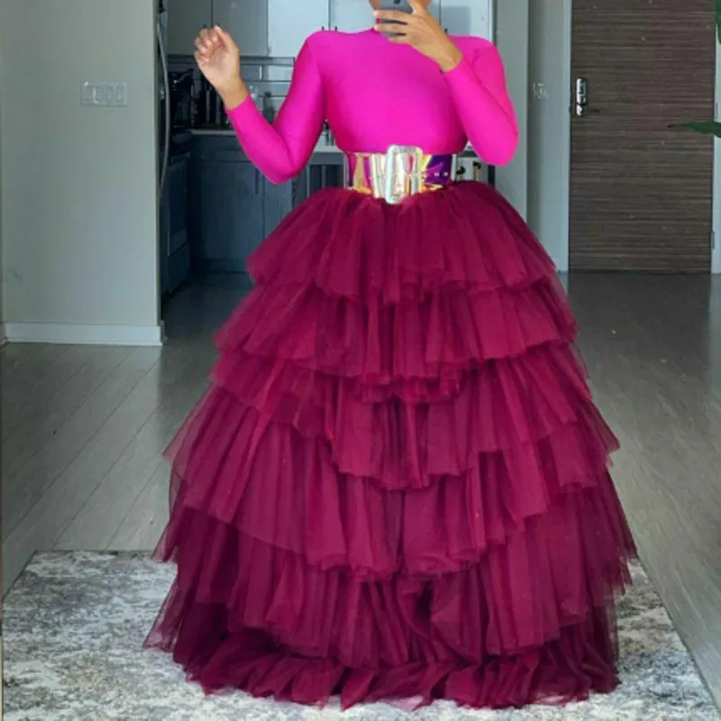 Grape Maxi Skirts Fluffy Mesh Ball Gown Puffy Skirts Women Elastic Waistband Tiered jupe femme 2021