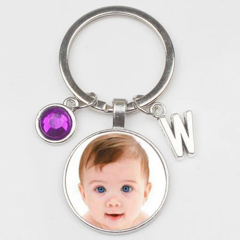 New Personalizeds Photo Purple Crystal Pendant Letter Custom Keychain Baby Photo Children Mom Dad Grandparents Like Family Gift