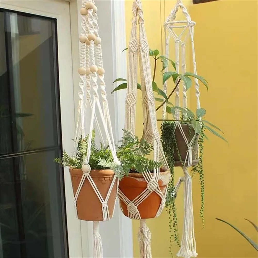 Macrame ręcznie wykonana roślina wieszak kosze doniczki uchwyt balkon wisząca dekoracja wiązane liny podnoszenia domu narzędzia ogrodowe