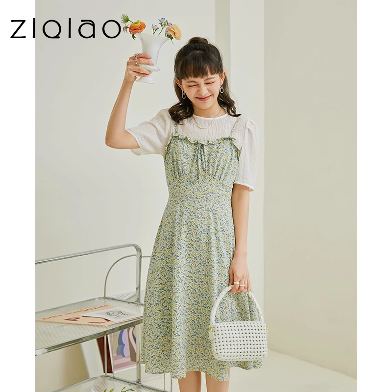 ZIQIAO Casual DressOffice Lady French Floral Dress Female Summer Retro Design Sense Flowers Green Suspender Long Dress