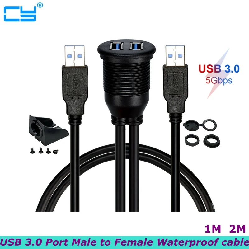 2M 5Gbps Waterproof Embedded USB Extension Adapter 2 USB 3.0 Port Male to Female Car Motorcycle Marine Dashboard Extension Cable