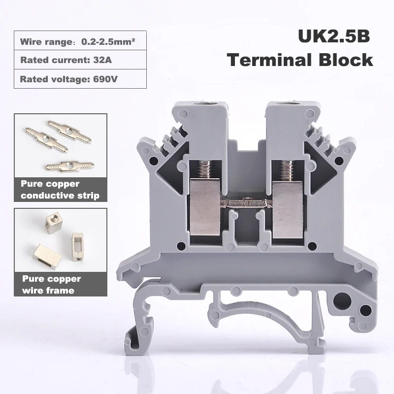 25Pcs Terminal Block UK2.5B Din Rail Screw Type Bornier Electric Wire Cable Connector Pure Copper Morsettiera 32A 2.5mm2 14AWG