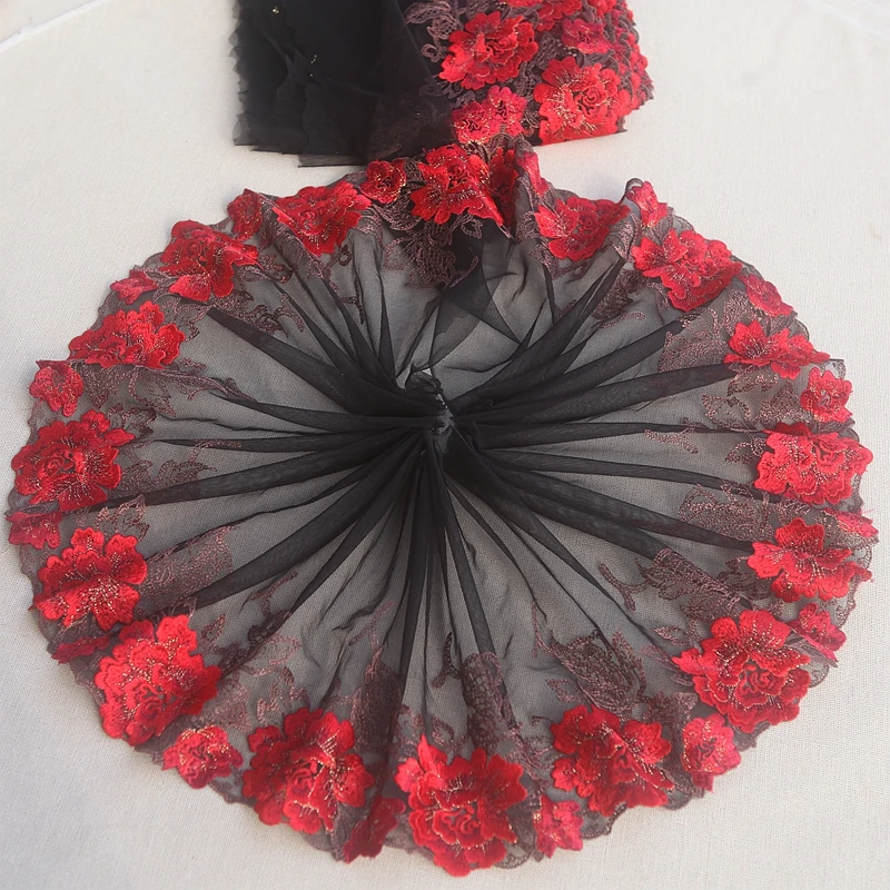 2Yards/Lot di alta qualità nero + rosso ricamo tessuto di pizzo maglia di pizzo nastro Tulle Guipure cavo di pizzo cucito panno fai da te