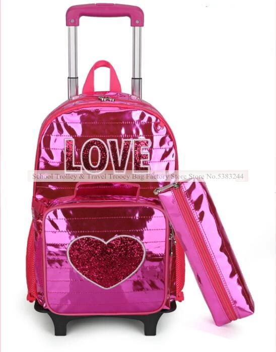 Carrinho escolar com lancheira para meninas, conjunto de mochila com rodas para estudante