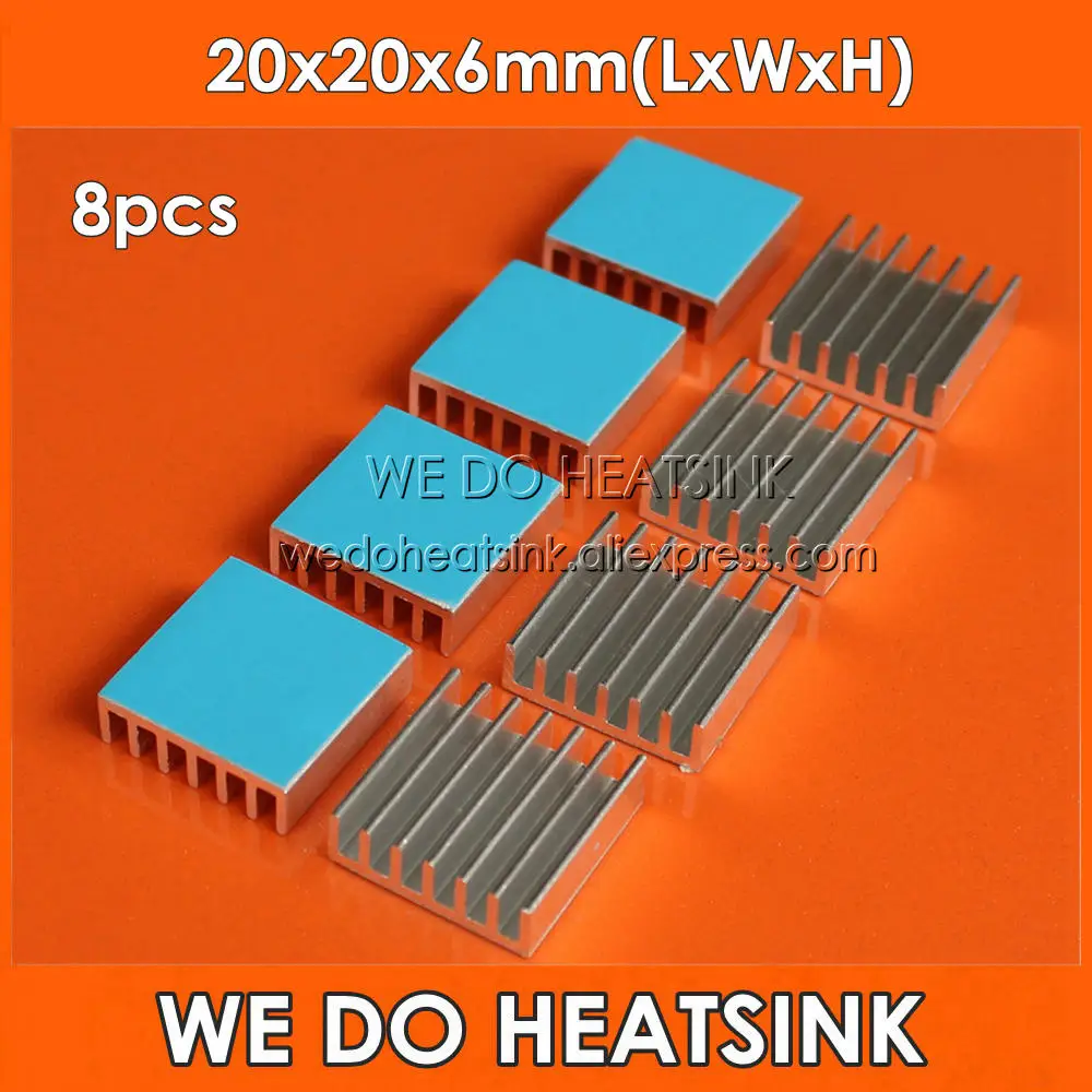 

WE DO HEATSINK 8pcs 20x20x6mm Aluminum Cooling Cooler Heat Sink With Blue Thermal Conductive Adhesive Tape