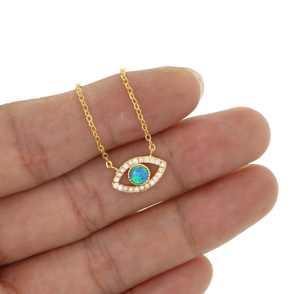 lucky young girl women jewelry Gold filled vermeil 925 sterling silver cute evil eye charm with blue opal silver lucky necklace