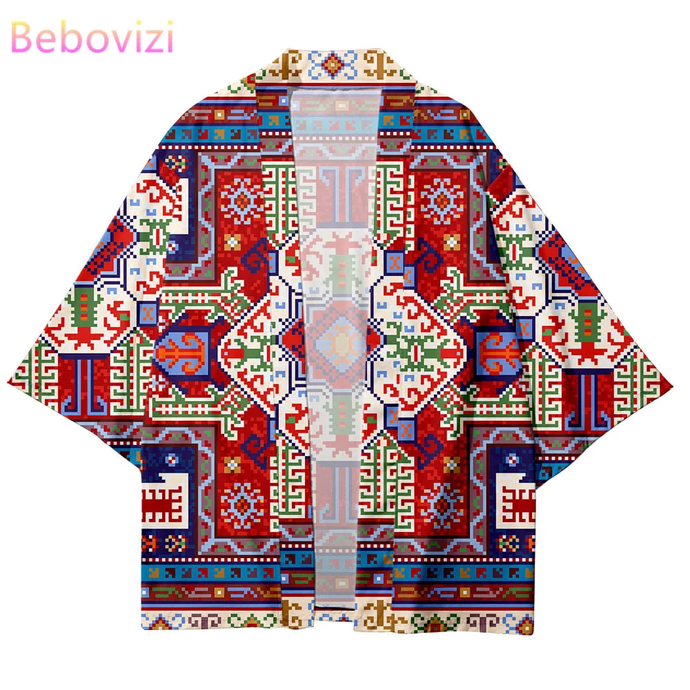 Kimono Gaya Jepang Jubah Kardigan Jalanan 2021 Ukuran Plus 5xl 6XL Retro Geometri Longgar Wanita Pria Haori Atasan Yukata Tampil