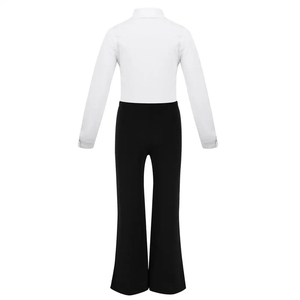 Kids Boys Latin Dance Costume Outfit Lapel Bowtie Ballroom Latin Dance Shirt Long Sleeves Leotard Bodysuit Top + Pants Trousers