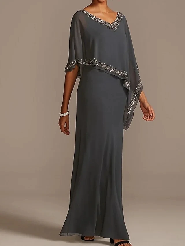 Charcoat Gray Mother of the Bride Dress 2023 Plus Size Elegant V-Neck Floor Length Chiffon Half Sleeve Beads Prom Party Gown