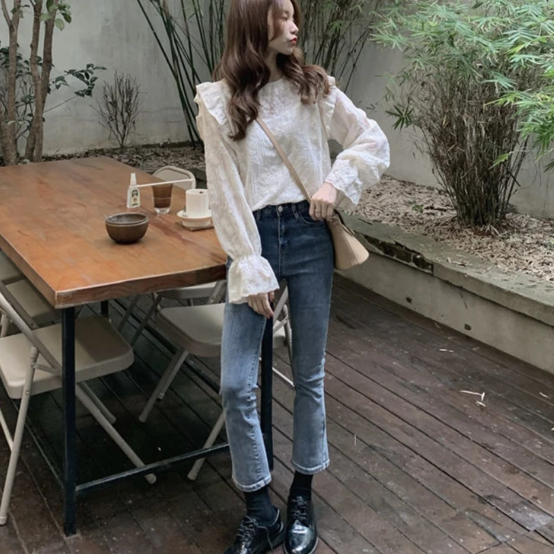 Women Blouse Elegant Romantic Embroidery Spring Tender Long Sleeve White All-match Pure Top Office Street Leisure Comfort Kawaii