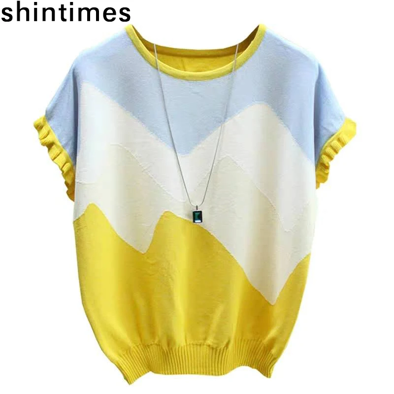 Shintimes ince T Shirt kadın örme dikiş renk Tee gömlek Femme yaz gevşek üstleri kadın kısa kollu rahat T Shirt kadın