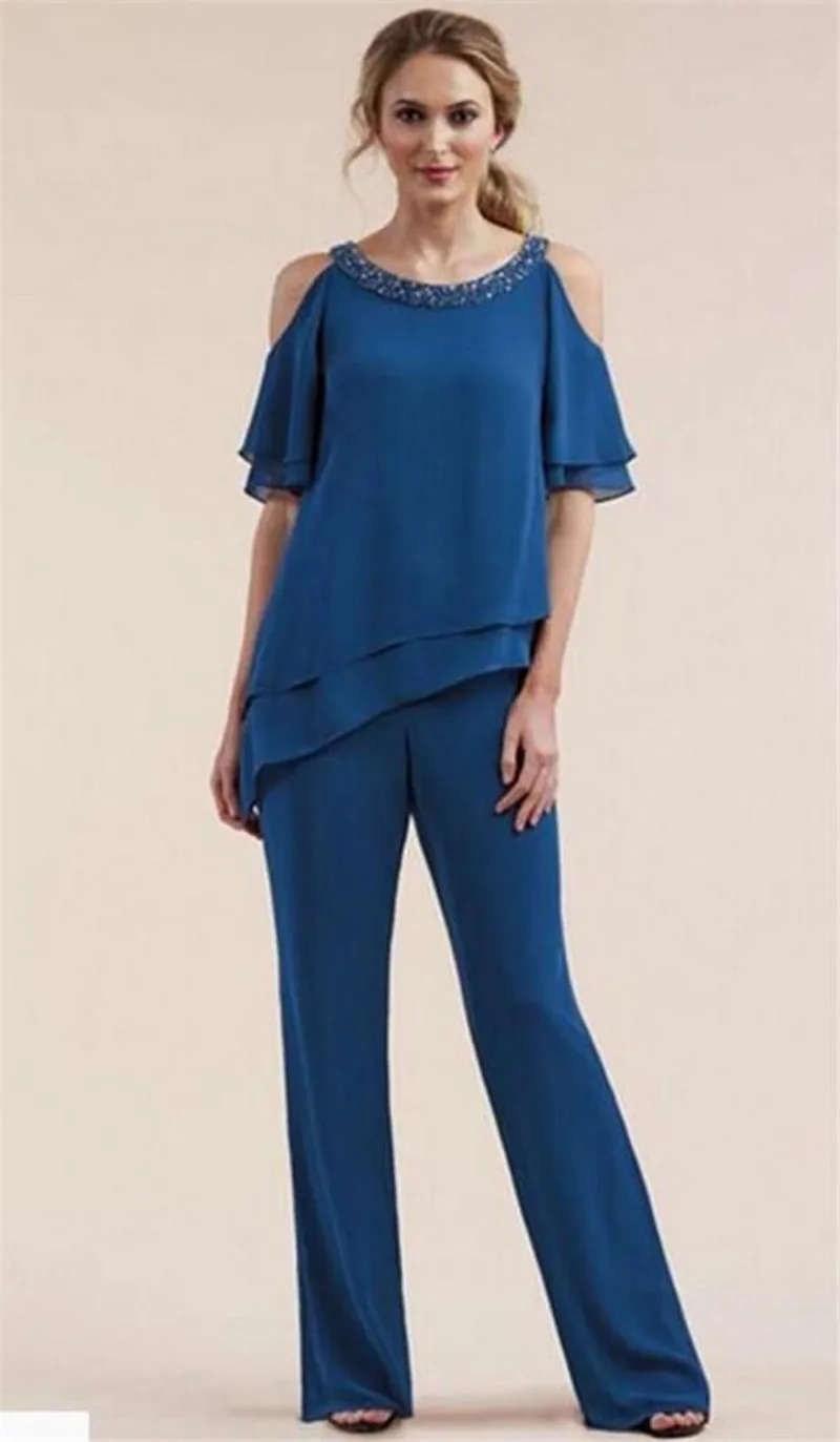 Royal Blue 2 Pcs Mother Of The Bride Pants Suit Chiffon Wedding Guest Gowns Short Sleeves Women Formal Evening Party Dress Plus