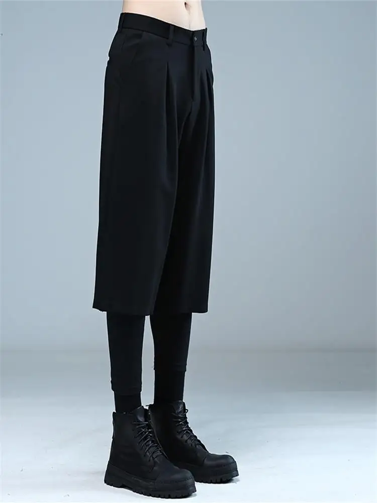 Men's New Dark Fake Two Pieces Set Retro Waist Strap Pendant Loose Casual Large Size Seven Split Wide Leg Pants