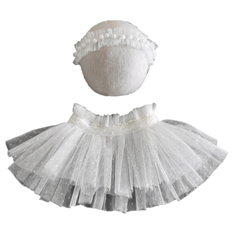 Newborn Photography Props Accessories Girl Lace Skirt Pearl Headband Set Baby Fotografie Studio Romper Photo Shoot Costume