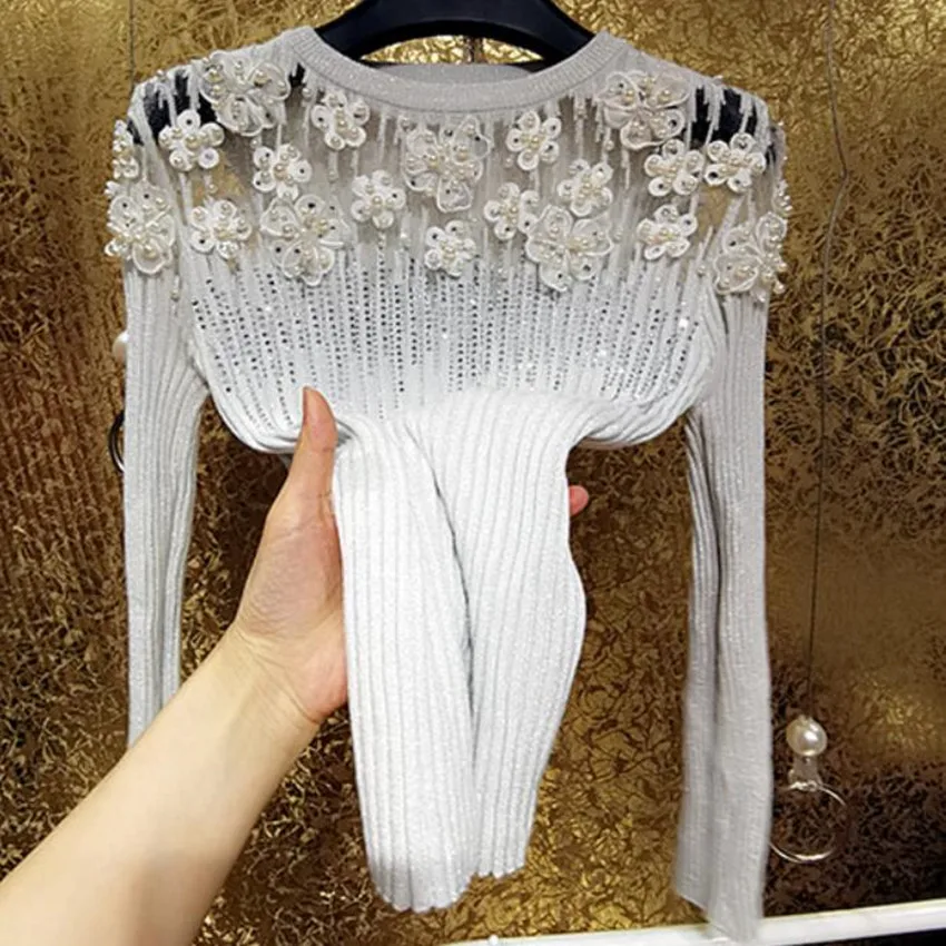 

Luxury autumn heavy industry beaded three-dimensional rhinestone knitted sweater women petal flower top pullovers