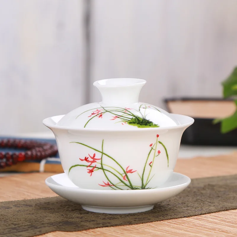 High grade white porcelain Gaiwan ceramic tea set Sancai cover bowl blue and white tea set tea bowl 150ml