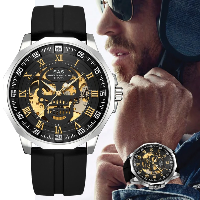 Shark Sports Watch Men Fashion 3D Skull Design SAS Shield Anchor Vintage Mechanical Watches Silicone Strap Skeleton Wirstwatch