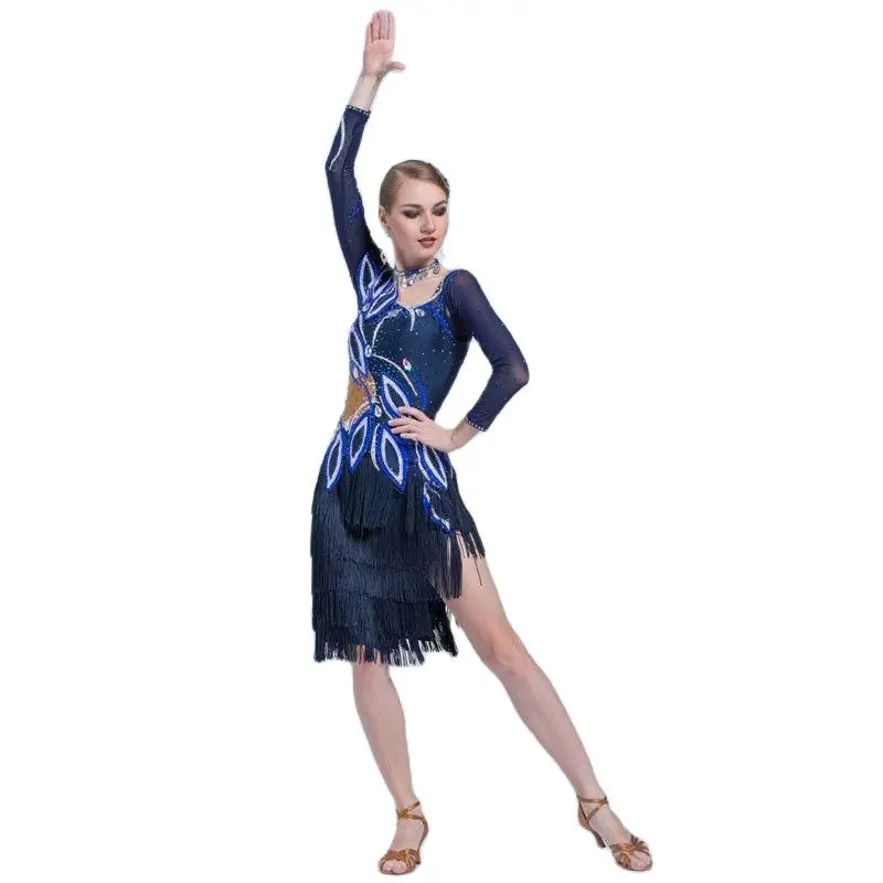 L-17198 Kid Latin dance performances dress adult, long-sleeved dancing bull rumba tassel dress