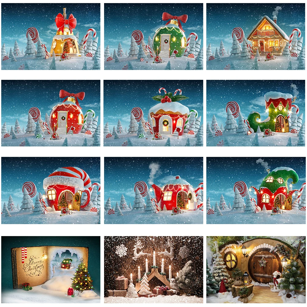 Mocsicka Winter Christmas Background Fairy House Christmas Tree Decoration Child Portrait Photo Backdrop Photography Banner