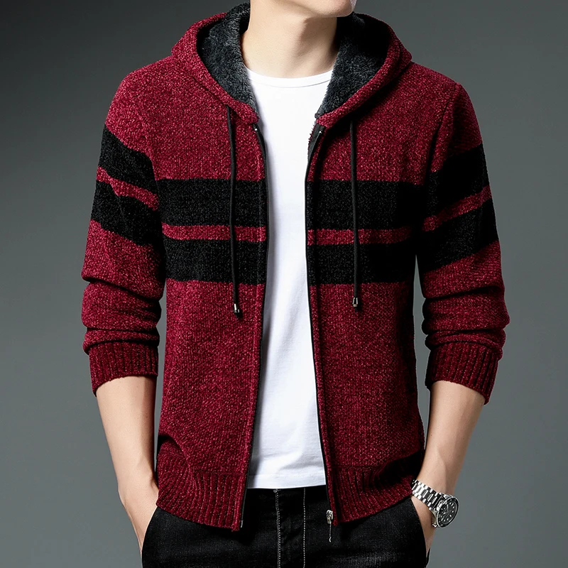 Men\'s Jacket Autumn Winter New Fleece Thick Knit Cardigan Warm Sweaters Coat Korean Hoodies Loose Casual Hooded Striped Sweater