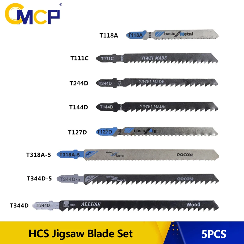 CMCP 5pcs HCS Jigsaw Blades Wood Cutter Saw Blade T-Shank Jig Saw Blade Set 111C 118A 127D 144D 244D 318A 344D For Wood Plastic