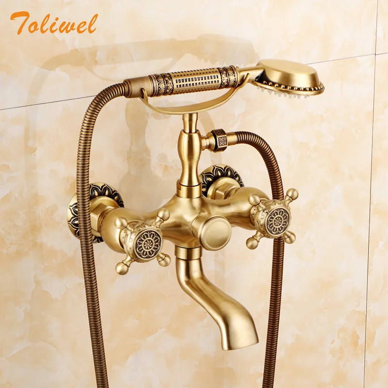 Luxury Brass Polished Bathroom Clawfoot Bath Tub Faucet bathtub Handheld Shower Faucet Mixer Tap with Hose Shower Head Holder