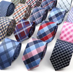 Moda nowy żakardowy tkany krawat dla mężczyzn klasyczny niebieski różowy Plaid paski biznes ślub formalne Gravata codzienne nosić krawaty