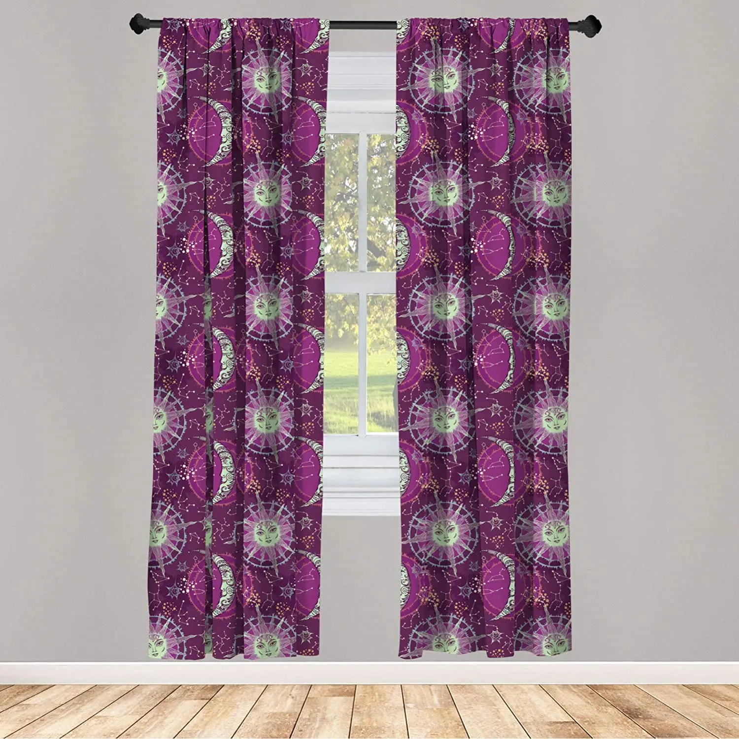 Sun and Moon Curtains Celestial Fantasy Composition with Constellations on Purple Backdrop Window Curtains for Living Room