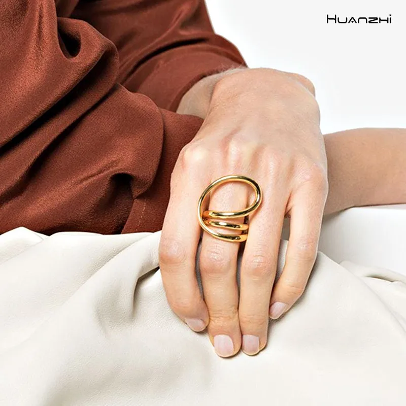 HUANZHI New Gold Color Silver Color Geometry Twisted Metal Multi Finger Rings Minimalist Irregular Ring For Woman Men Jewelry