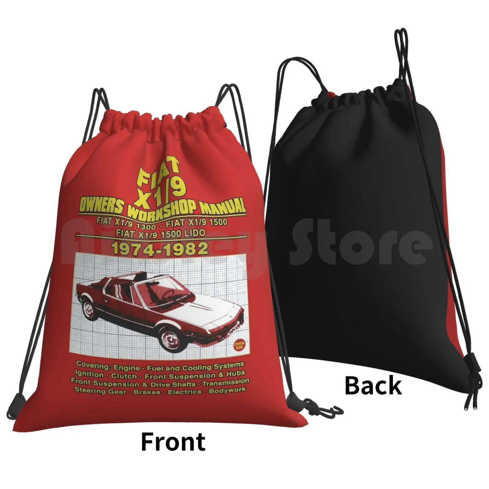 Fiat X1 / 9 Backpack Drawstring Bag Riding Climbing Gym Bag Fiat X1 9 X19 Sports Car Cars Italian 127 128 1970s 1980s