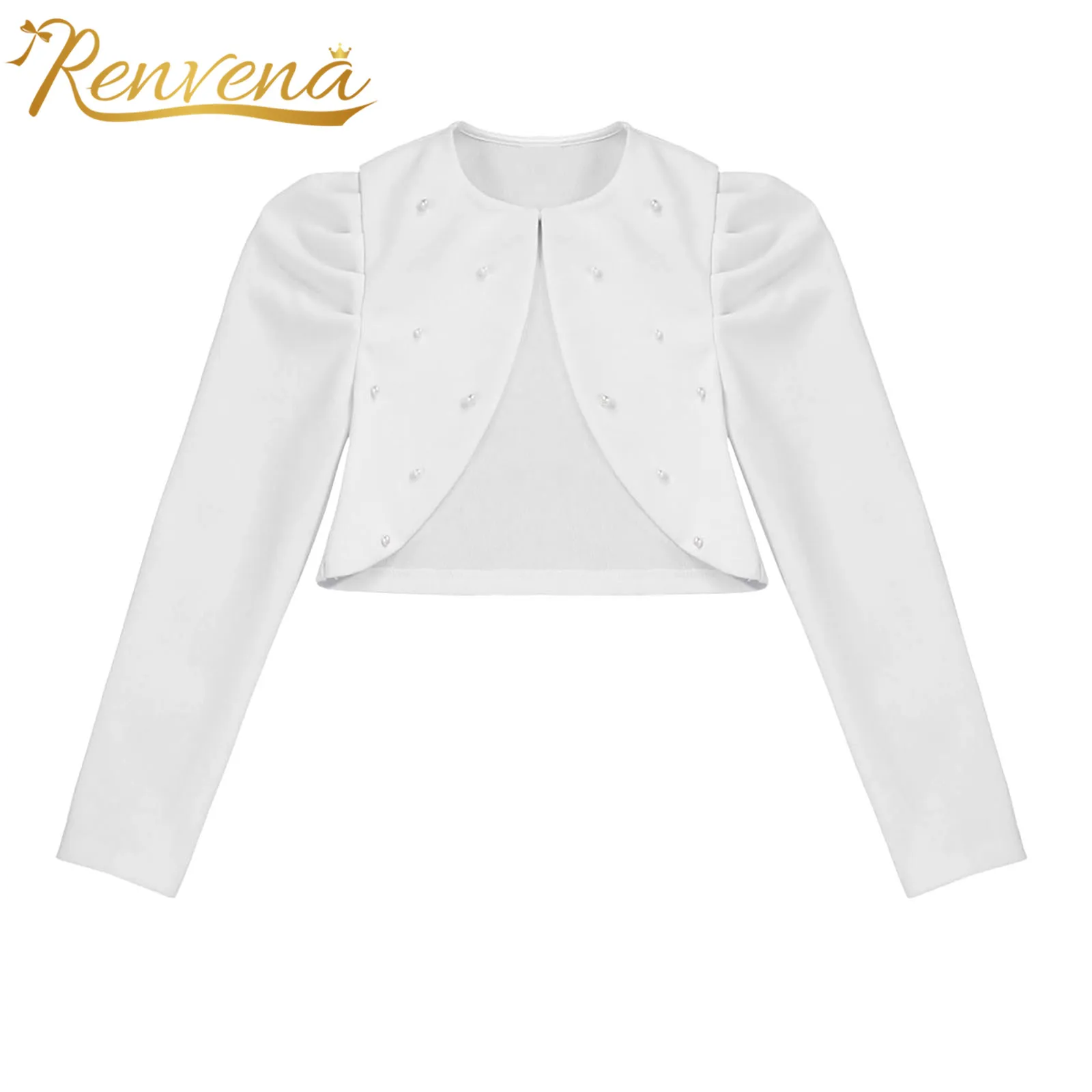 Kids Girls Elegant Beaded Bolero Long Puff Sleeve Open Front Cardigan Bolero for Pageant Wedding Party Wrap Flower Girls Jacket