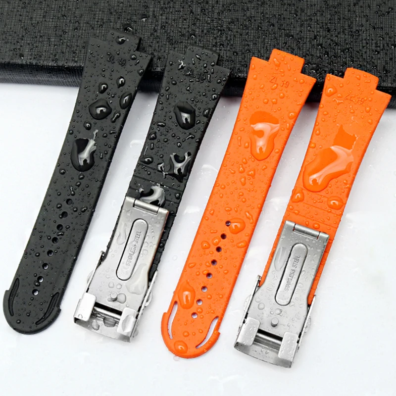 for Oris 7730 7740 24mm*12mm  Men's High Quality Convex Rubber Waterproof Watchband Silicone Band Stainless Steel Folding Clasp