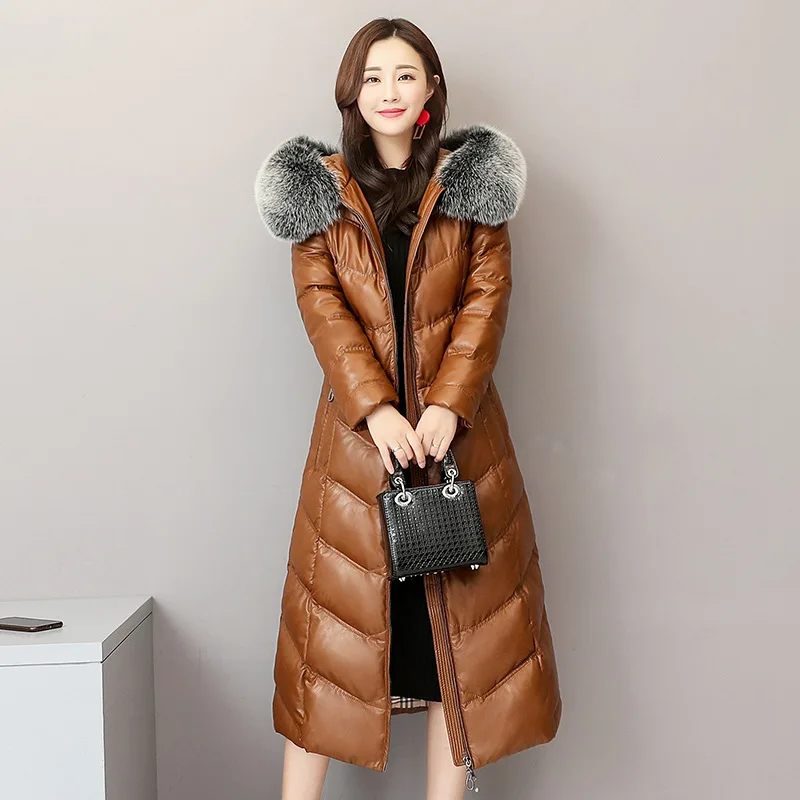 High Quality Sheep Leather Down Coat Winter Big Fox Fur Collar Hooded Jacket 2023 New Female Plus Size Thicken Warm X-Long Coat