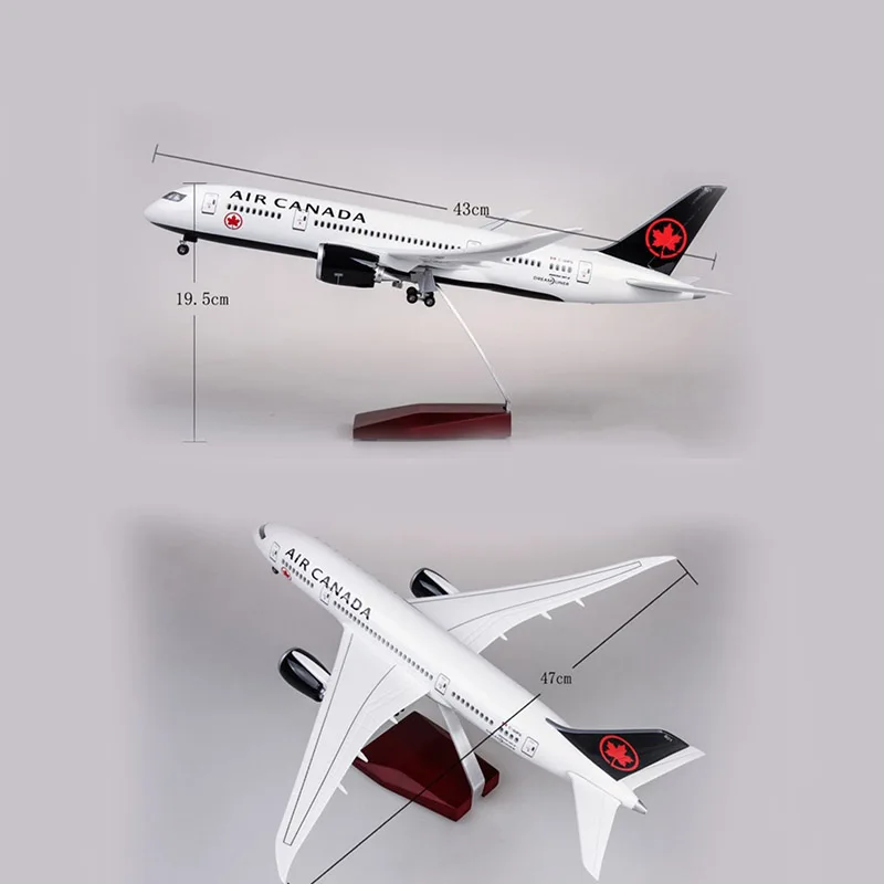 JASON tutú-modelo de avión de 43cm, modelo de avión Air Canadá Boeing B787, escala 1/160, luz de resina fundida a presión y colección de regalos de avión de rueda