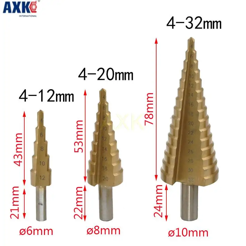 Juego de herramientas de corte de broca de Metal recubierto de titanio, cono de paso grande, cortador de agujeros, 4-12mm, 4-20mm, 4-32mm, HSS4241,