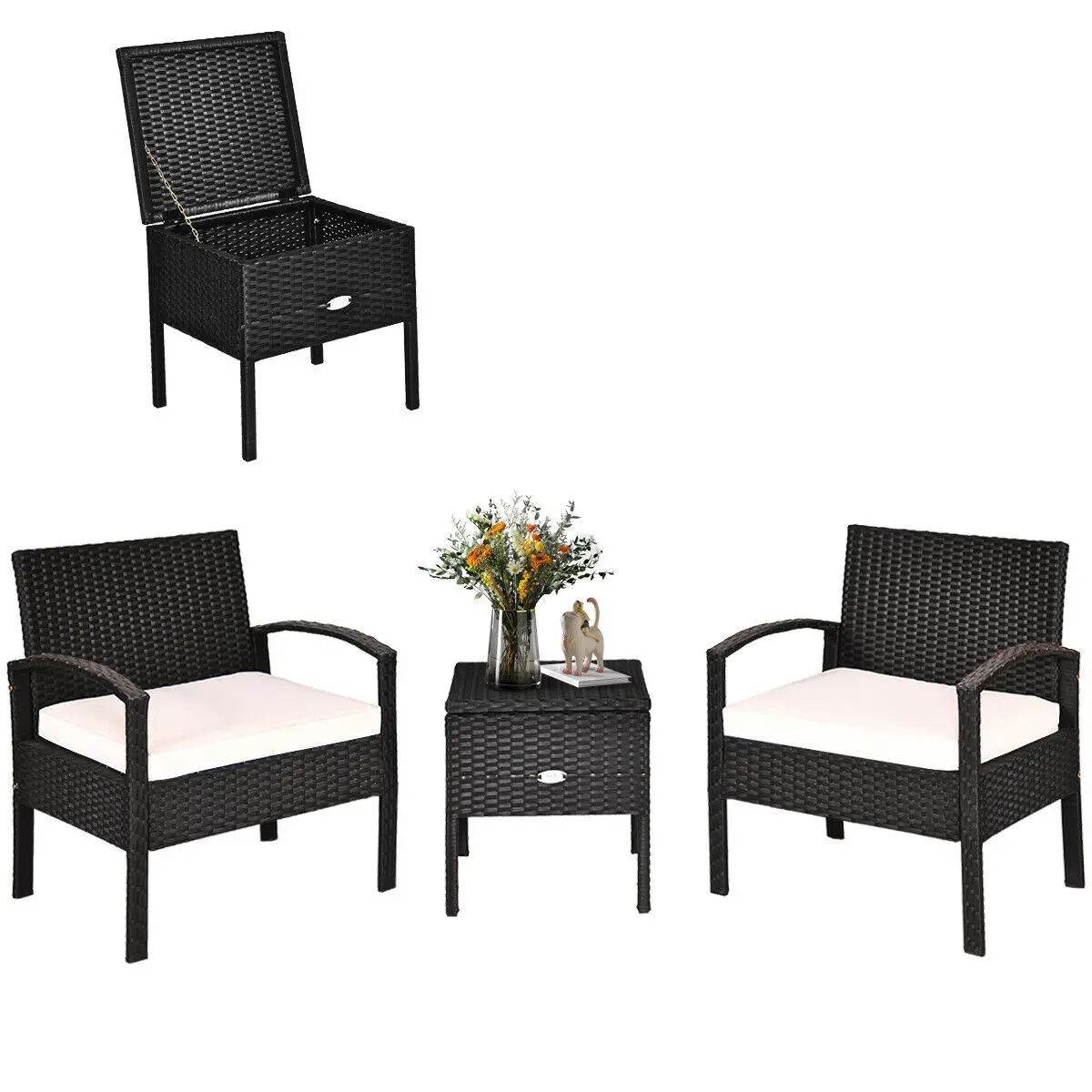 Patiojoy 3PCS Patio Rattan Furniture Set Storage Table Cushioned Sofa Black  HW63757WH