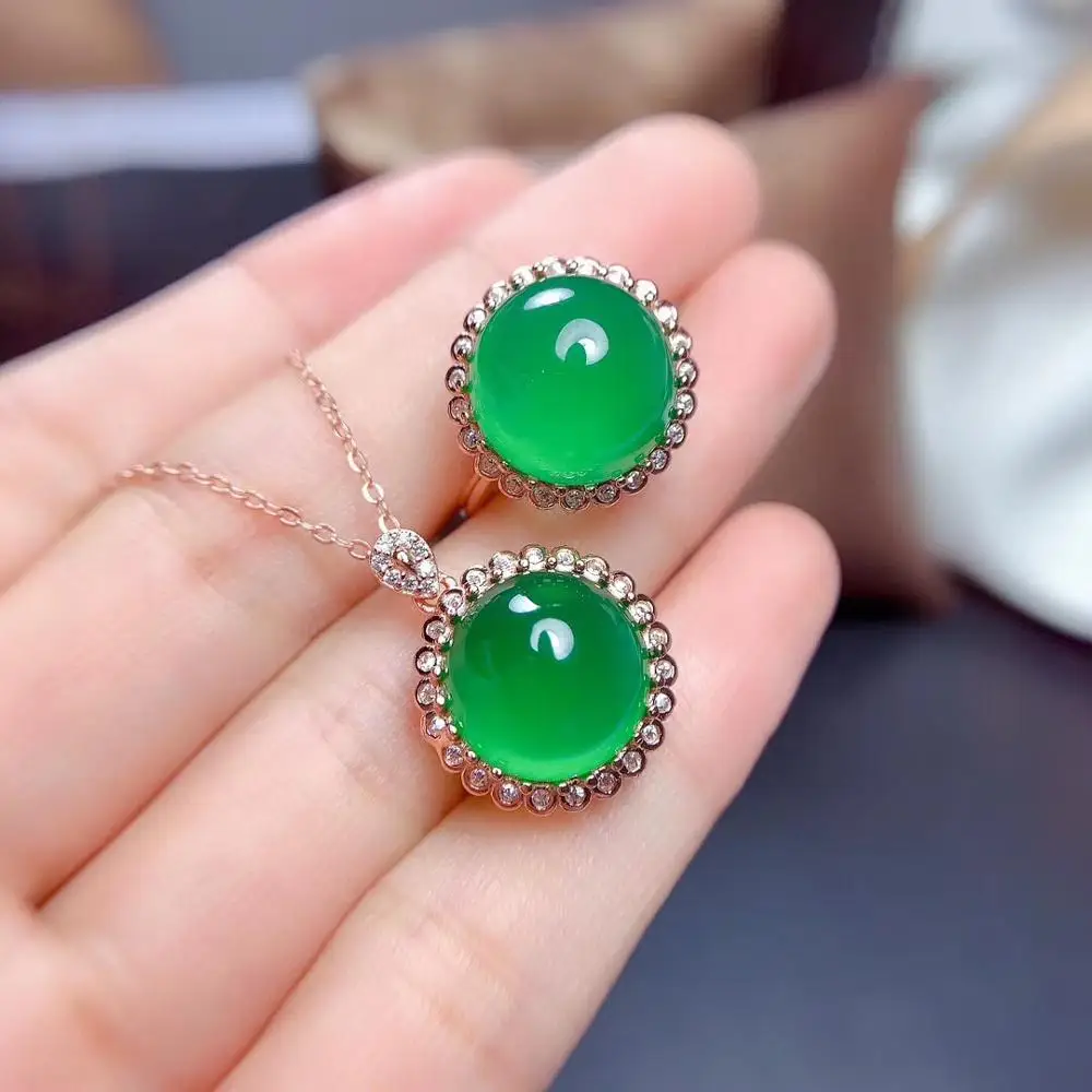 

classic green gemstone ring and necklace jewelry set for women real 925 silver natural chalcedony big size party gift