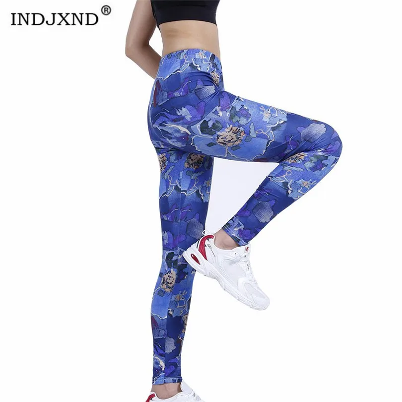 Indjxnd venda quente tinta sonho azul flor leggings fino fitness ginásio moda tornozelo-comprimento de malha push up correndo cintura elástica