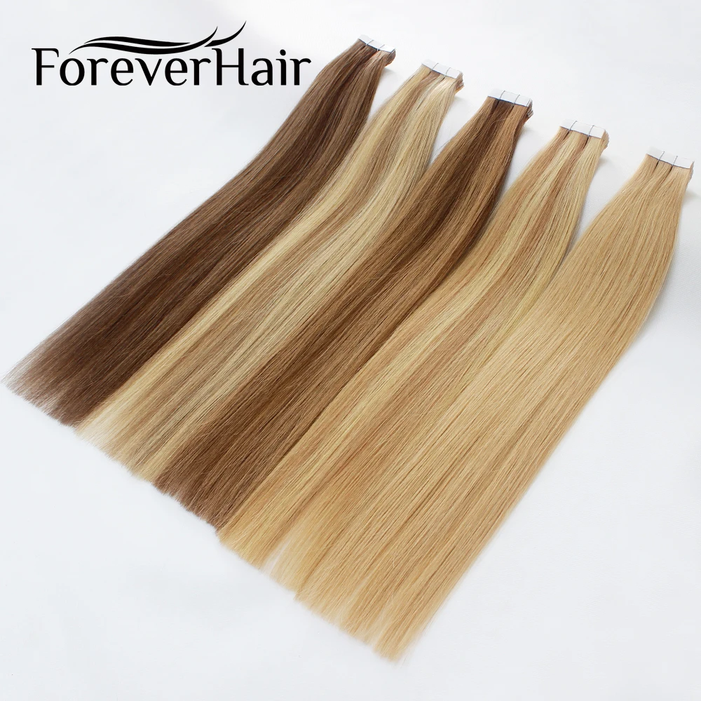 FOREVER HAIR 2.0g/pc 100% Real Remy Tape In Human Hair Extension Cuticle Seamless Straight Skin Weft Hair Salon Style 20pcs/pac