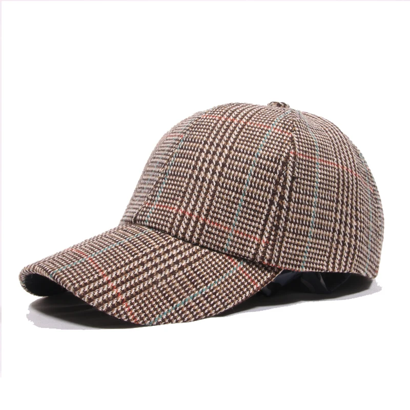 Damska czapka z daszkiem dla mężczyzn kapelusz bawełna akcesoria damskie Houndstooth krata wełniana męska czapka Snapback BQM347