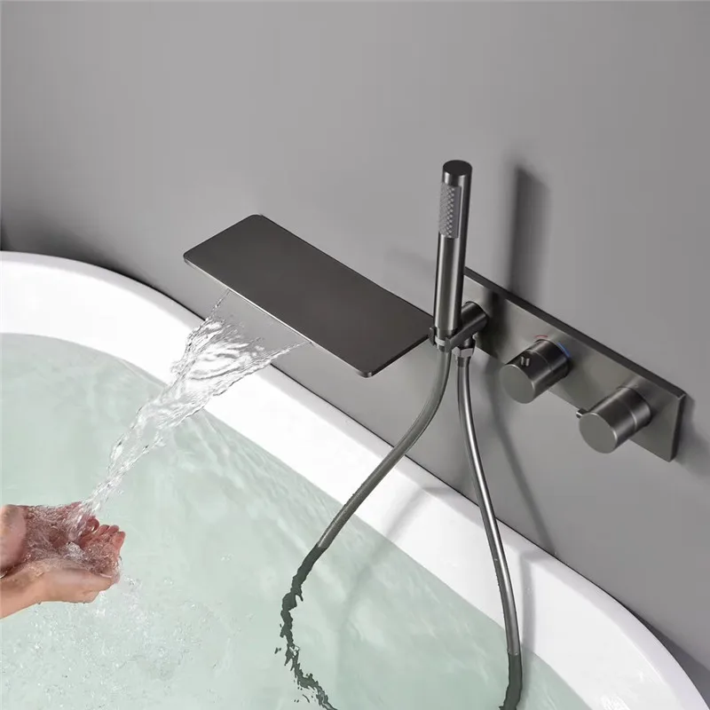 

Thermostat Bathtub Shower Faucet Set Brass Hot & Cold Mixer Tap With Handheld In-Wall Waterfall Type Gun Gray/Brushed Gold/Black