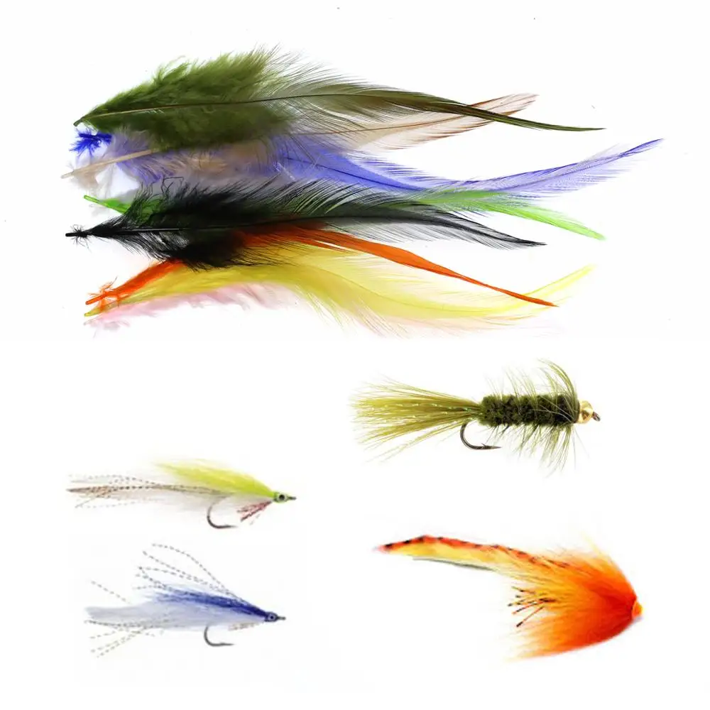 50PCS Fishing Fly Tying Rooster Hackle Feather Fishing Fly Material for Knitting Streamer Fly  Sabiki Minnows