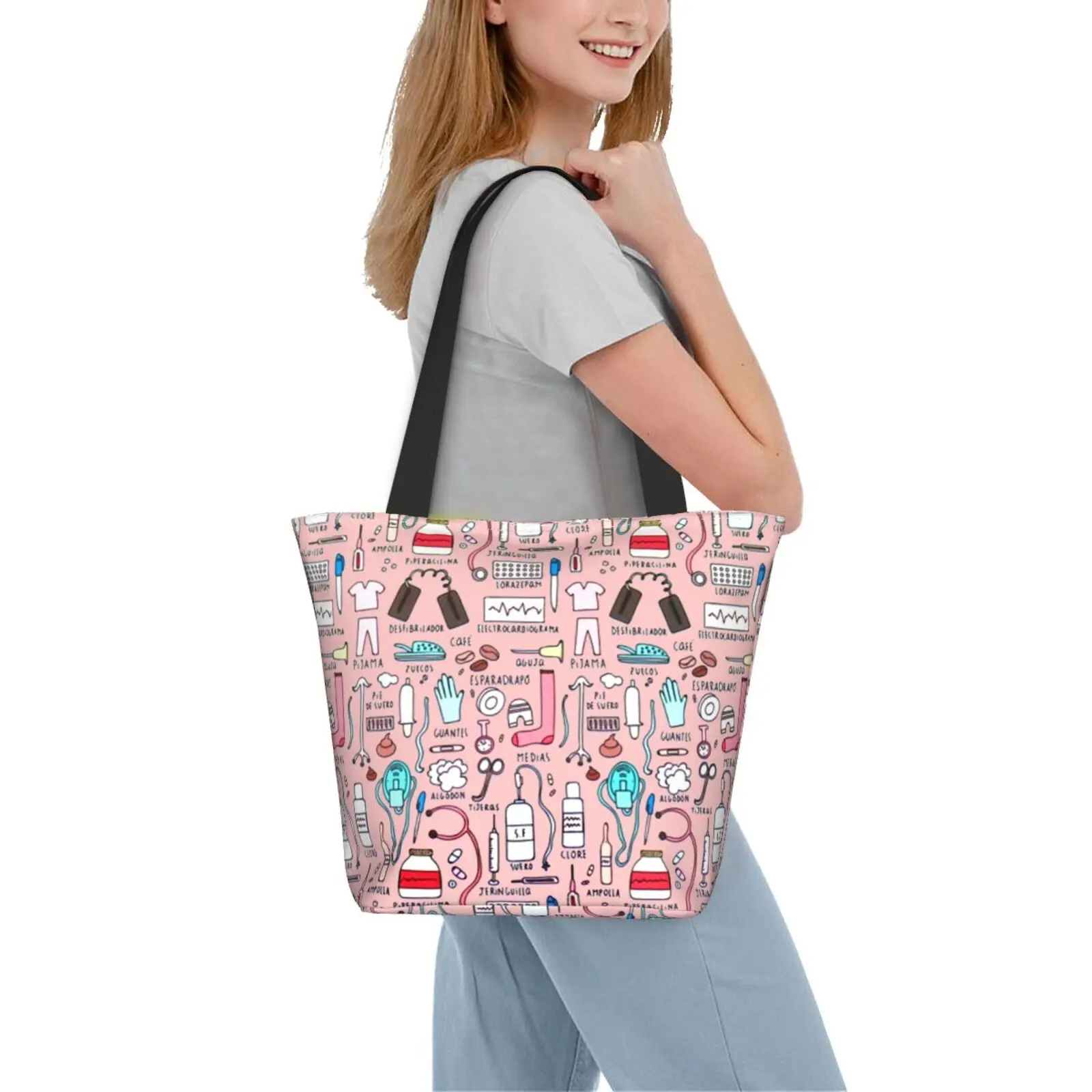 Cute Cartoon Nurse Pattern Woman Large Shopper Tote Bags Foldable Eco Female Travel Handbags High Quality Shopping Shoulder Bags