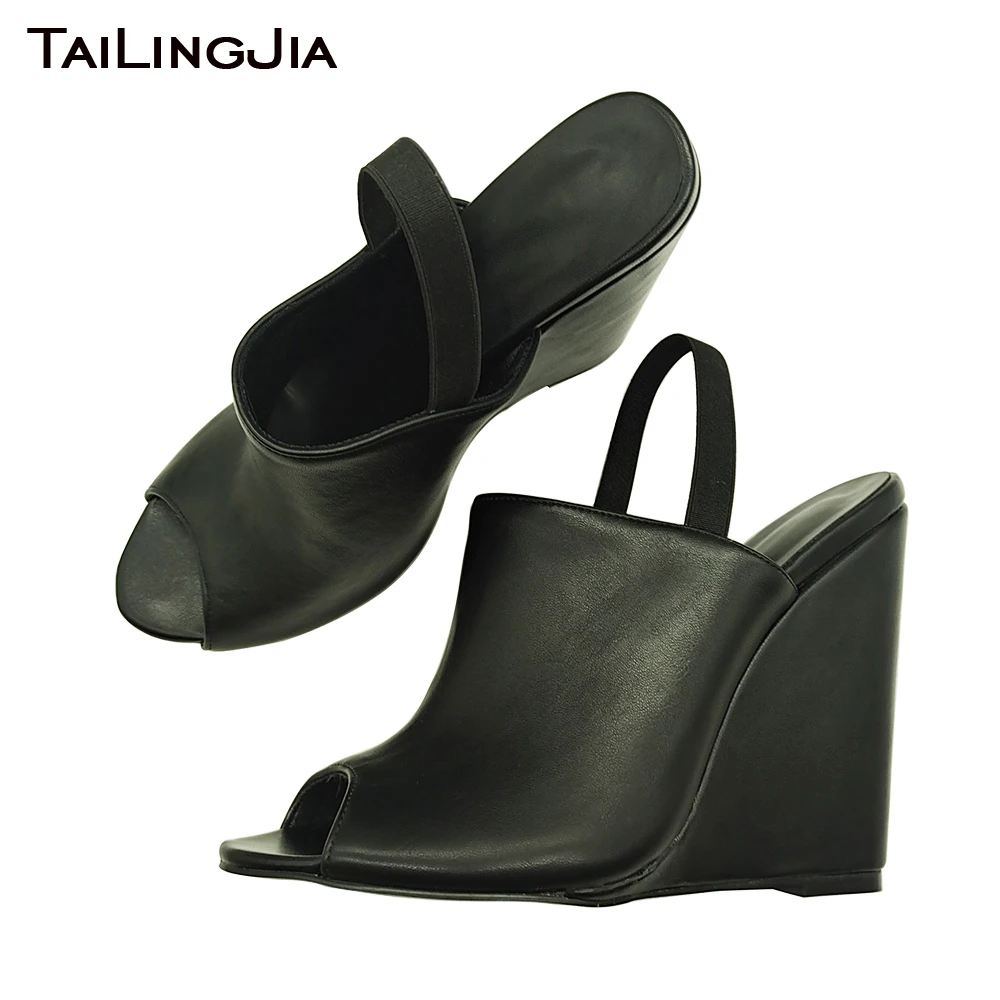 2024 Latest Wedge High Heel Women Sandals Black Slingbacks Peep Toe Summer Shoes Ladies Heeled Party Footwear Elastic Wedges