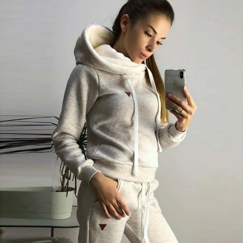 Fashion Sportswear Women 2 Pcs Casual Solid Hooded Long Sleeve Sport Tops+Long Pants Set Sport Winter Running suit