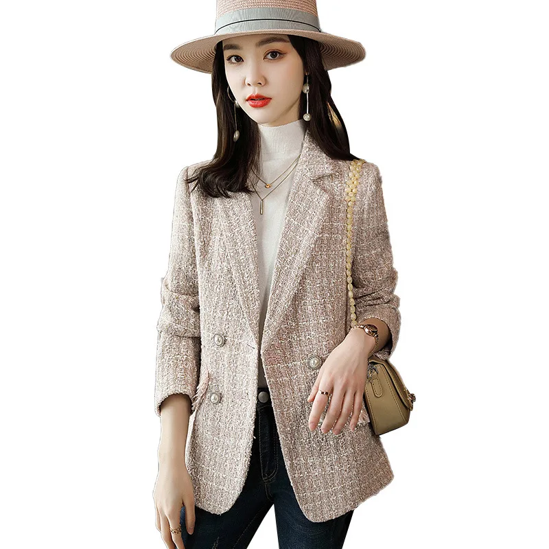 

Fashion Tweed Double Breasted Blazer Coat Vintage Long Sleeve Flap Pockets Female Outerwear Chic Veste Femme Suit