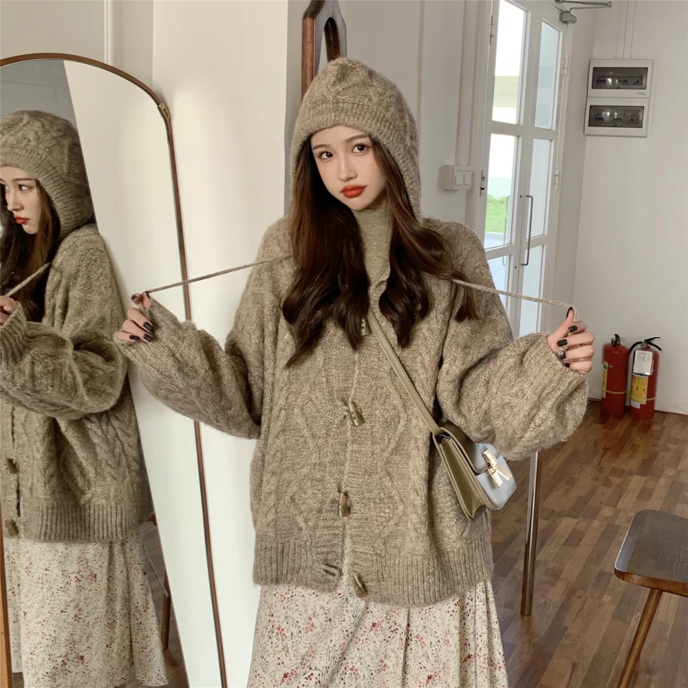 Women Winter Loose Cozy Twist Short Sweater Coat Jacket Hooded Knitted Cardigan Overcoat Full Sleeve Horn Buttons