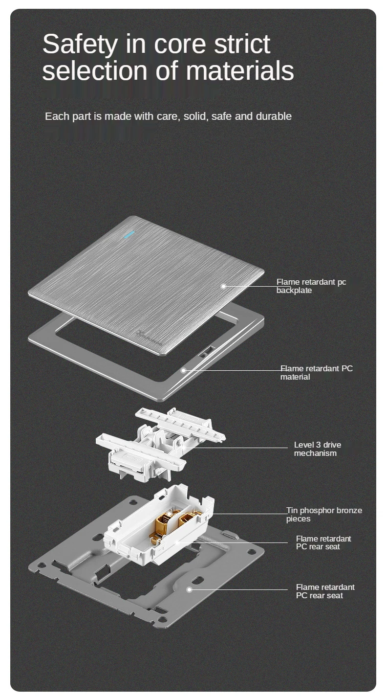 86mm Ultra-Dünne Schalter-Serie 1/2/3/4-fach 1/2-Wege PC-Panel Grau Flachpanel Verdeckter Einbau-Wandschalter-Set – Detail 10