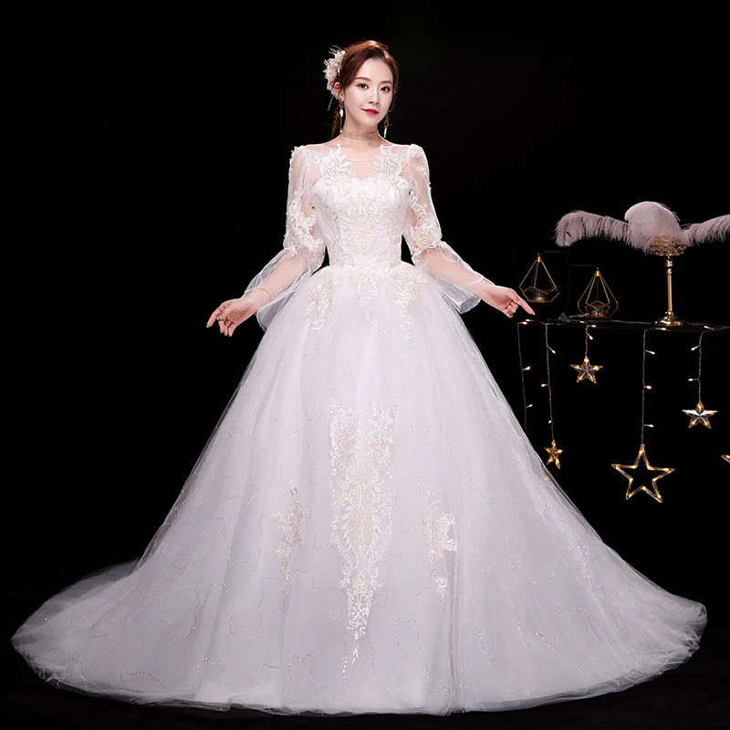 AnXin SH prinzessin blume spitze weiß hochzeit kleid party vintage o hals lange flare hülse weiß zug lace up hochzeit kleid